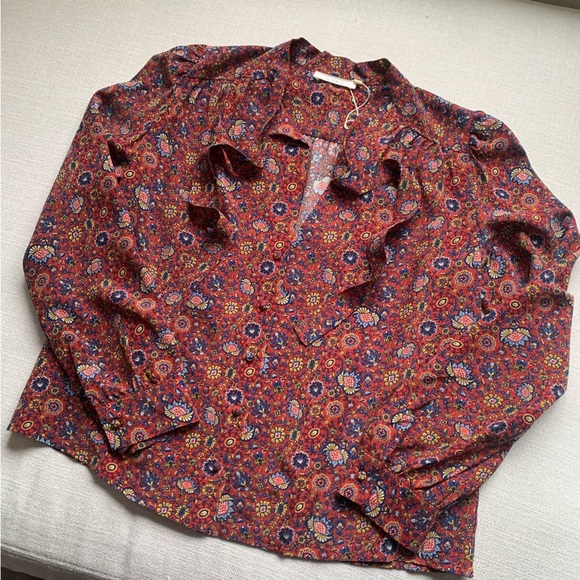 NWT Doen Josseline Silk Button Tie Neck Blouse Top Red Rouge Riviera Medallian - Picture 5 of 11